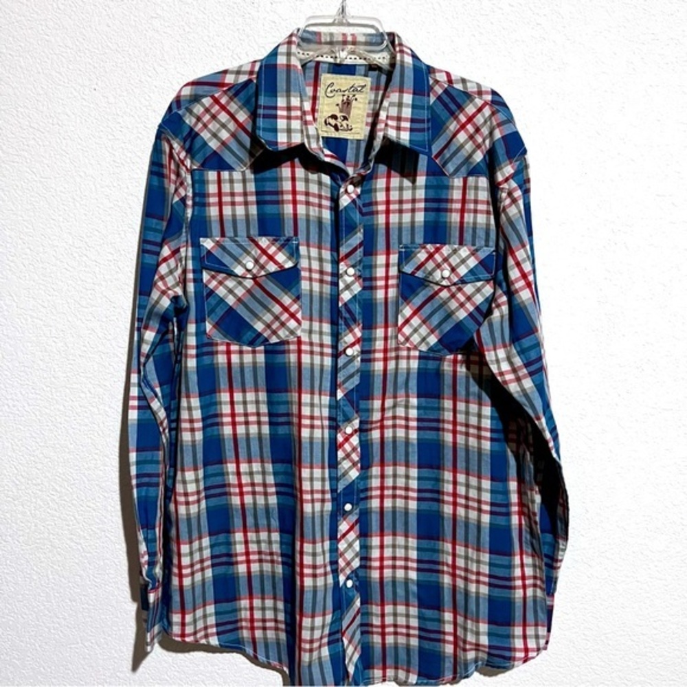 Coastal Blue Plaid Checked Cotton Blend Western Snap Front Shirt XXL